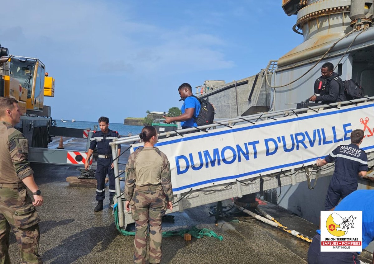 Udsp972's tweet photo. Retour de la délégation de sapeurs-#pompiers qui était à #UnionIsland à bord du Dumont d’Urville pour une mission de solidarité suite au passage de l’Ouragan #Beryl qui a ravagé l’île. https://t.co/D1WohceaXY