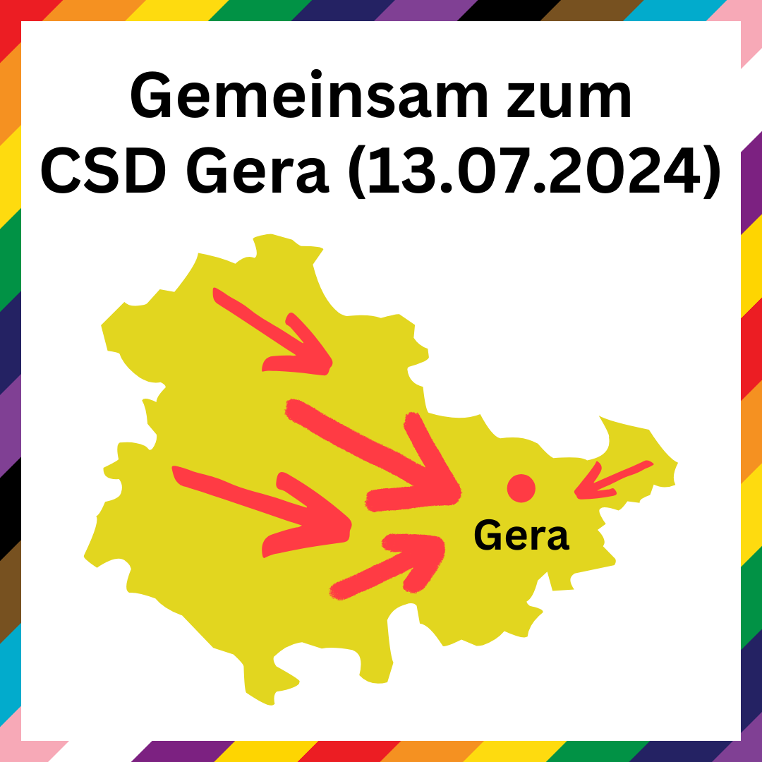 Vielfalt_in_Th's tweet photo. Gemeinsam zum #CSDGera (Samstag, 13.07.2024) 🏳️‍🌈

Für eure gemeinsame Anreise haben wir hier ein paar passende Züge raus gesucht.
Die Zeiten findet ihr in unserem Sharepic 👇 [1/6]

#CSDGera2024 #CSDThüringen #VielfaltInThüringen https://t.co/XgZwDAfEca