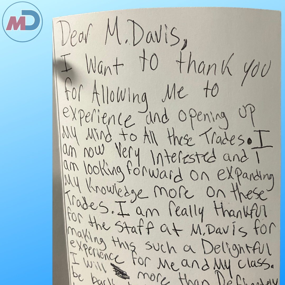 We are touched by the many thank you cards we receive from the incredible students who attended the M. Davis Construction Trades Summer Camp this June. Their words remind us why we love what we do! #mdavisproud #constructioncamp #welovewhatwedo