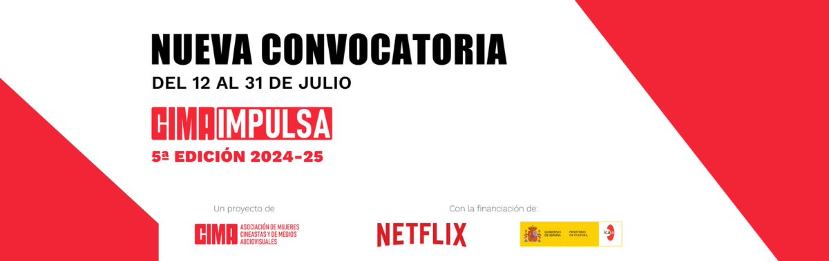 CIMA - Asociación de Mujeres Cineastas (@cimacineastas) on Twitter photo ¡Abrimos convocatoria de la 5ª edición de <a href="/CimaImpulsa/">CIMA Impulsa</a> para creadoras españolas y latinoamericanas!
🎬 Proyectos de series y largometrajes de ANIMACIÓN, FICCIÓN Y DOCUMENTAL
Programa en colaboración con <a href="/NetflixES/">Netflix España</a> <a href="/CineICAA/">ICAA</a>
➡️Consulta las bases aquí cimaimpulsa.com/bases-2024/ ¡Abrimos convocatoria de la 5ª edición de <a href="/CimaImpulsa/">CIMA Impulsa</a> para creadoras españolas y latinoamericanas!
🎬 Proyectos de series y largometrajes de ANIMACIÓN, FICCIÓN Y DOCUMENTAL
Programa en colaboración con <a href="/NetflixES/">Netflix España</a> <a href="/CineICAA/">ICAA</a>
➡️Consulta las bases aquí cimaimpulsa.com/bases-2024/