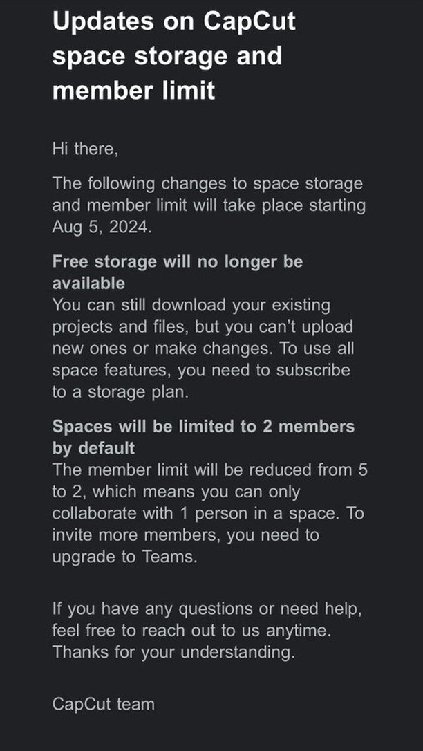 Fini le stockage cloud gratuit sur CapCut !

A partir du 5 août, vous devrez désormais payer pour le stockage cloud sur l'application !