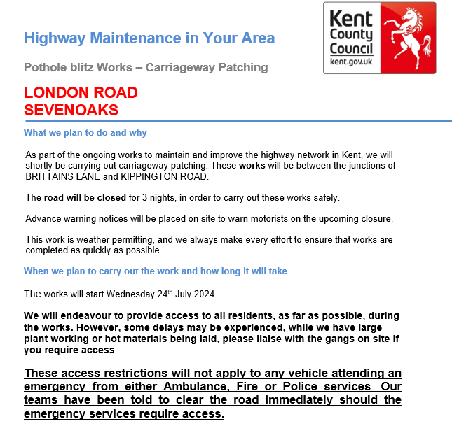 KentHighways's tweet photo. Riverhead/Sevenoaks, A224 Amherst Hill &amp; London Road. Overnight road closures from 22nd July for 5 nights for carriageway patching works: https://t.co/8RXg5yWH6k #PotholeBlitz #Kentpotholes https://t.co/oEnsHaG4IS