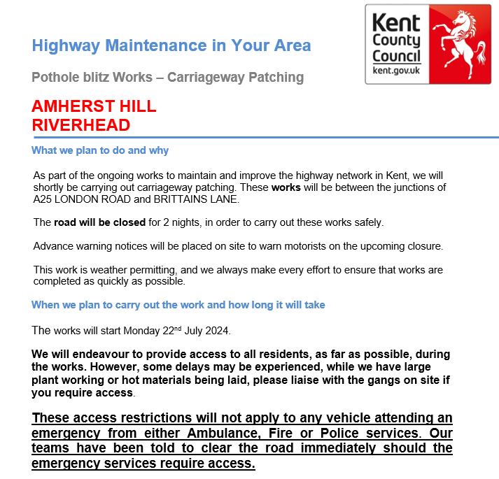 KentHighways's tweet photo. Riverhead/Sevenoaks, A224 Amherst Hill &amp; London Road. Overnight road closures from 22nd July for 5 nights for carriageway patching works: https://t.co/8RXg5yWH6k #PotholeBlitz #Kentpotholes https://t.co/oEnsHaG4IS