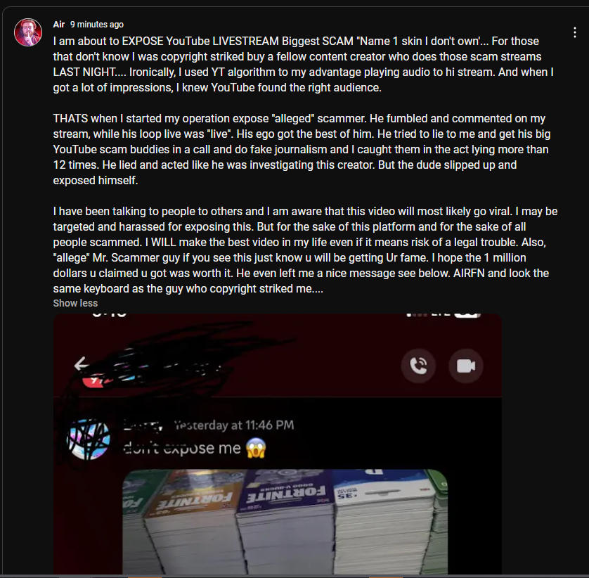 aironfn's tweet photo. @Rxocky1 I am a YouTube with 80,000 subscribers. I got footage that will end the scam name 1 skin I dont own. Please message me on discord. I got another big youtube helping me stop this scam by working with me. We can talk on discord. My discord is AirFn https://t.co/3HzgKZW2Wv