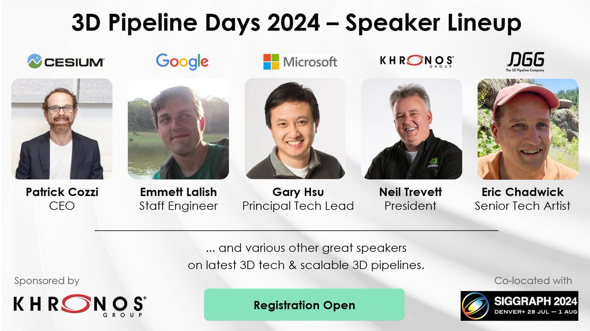 RapidPipeline (@rapidpipeline) on Twitter photo Registration open for 3D Pipeline Days '24, co-located with #SIGGRAPH24!
Secure your spot now to see amazing speakers, including
<a href="/pjcozzi/">Patrick Cozzi</a>, <a href="/EmmettLalish/">Emmett Lalish</a>, <a href="/bghgary/">Gary Hsu</a>, <a href="/neilt3d/">Neil Trevett</a> & <a href="/EricChadwick/">Eric Chadwick</a> sharing insights on latest 3D tech. Sponsored by <a href="/thekhronosgroup/">Khronos Group</a>
rapidpipeline.com/pipeline-days-… Registration open for 3D Pipeline Days '24, co-located with #SIGGRAPH24!
Secure your spot now to see amazing speakers, including
<a href="/pjcozzi/">Patrick Cozzi</a>, <a href="/EmmettLalish/">Emmett Lalish</a>, <a href="/bghgary/">Gary Hsu</a>, <a href="/neilt3d/">Neil Trevett</a> & <a href="/EricChadwick/">Eric Chadwick</a> sharing insights on latest 3D tech. Sponsored by <a href="/thekhronosgroup/">Khronos Group</a>
rapidpipeline.com/pipeline-days-…