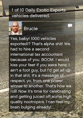 TheRealSk8Fox's tweet photo. The message you get from Brucie after delivering 1,000 cars to the docks. https://t.co/PuPT9EUhNX