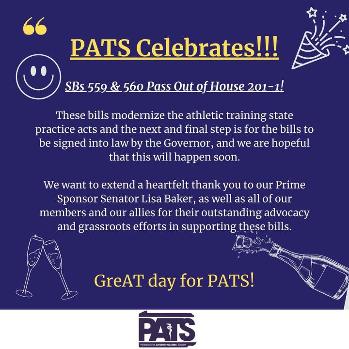 Everyday is a great day to be an athletic trainer in PA, but today is extra special! We are excited to share SBs 559 &amp; 560 passed out of the House! 201-1! The final step of for the. Ills to be signed into law by the Governor! A special thank you to all of you for your impact! 🥳