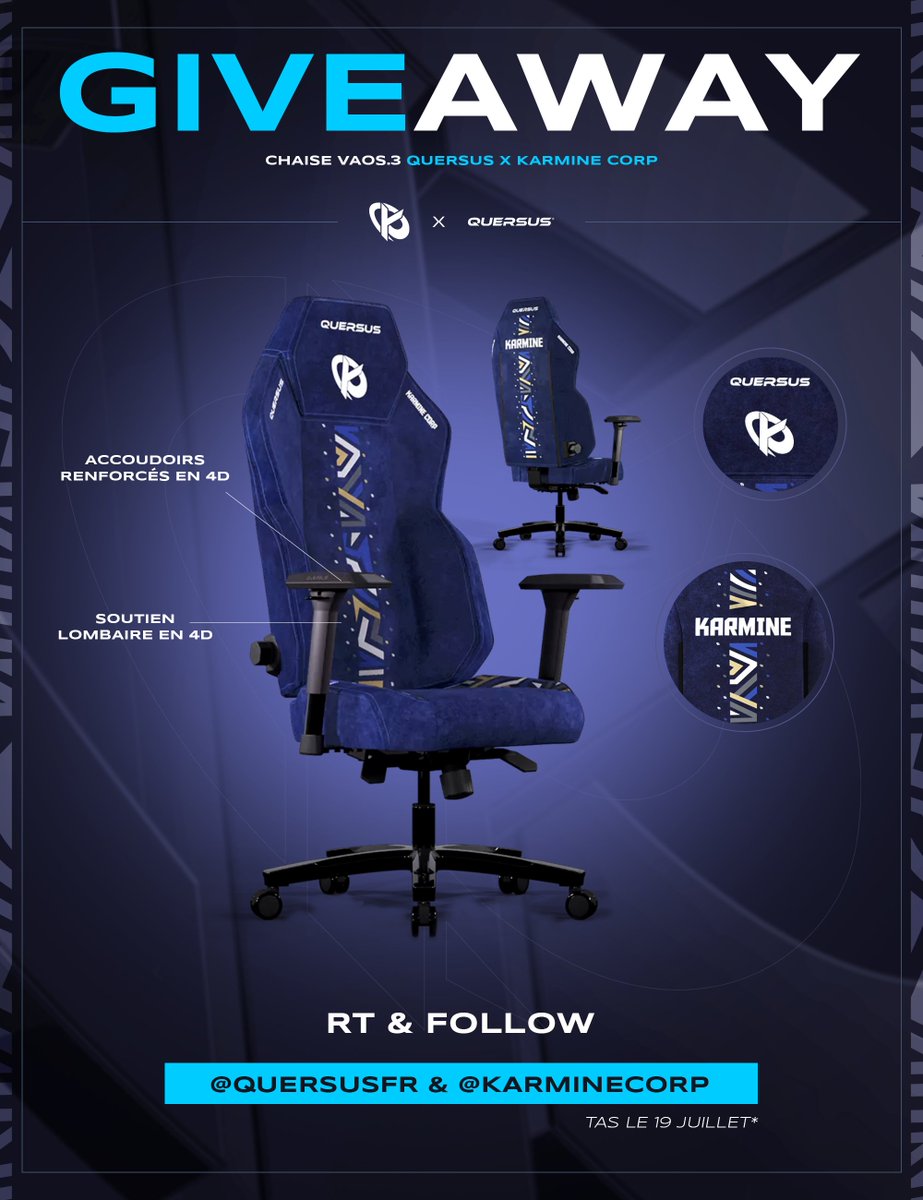 Karmine Corp (@karminecorp) on Twitter photo Avec les reufs <a href="/QuersusFR/">Quersus France</a> on vous fait gagner la toute nouvelle chaise VAOS.3 Quersus x Karmine Corp 💺
Pour participer :
✅ RT ce tweet
✅ Follow <a href="/KarmineCorp/">Karmine Corp</a> & <a href="/QuersusFR/">Quersus France</a>
🍀 TAS le 19 juillet, bonne chance à tous ! #KCORP
Collaboration commerciale Avec les reufs <a href="/QuersusFR/">Quersus France</a> on vous fait gagner la toute nouvelle chaise VAOS.3 Quersus x Karmine Corp 💺
Pour participer :
✅ RT ce tweet
✅ Follow <a href="/KarmineCorp/">Karmine Corp</a> & <a href="/QuersusFR/">Quersus France</a>
🍀 TAS le 19 juillet, bonne chance à tous ! #KCORP
Collaboration commerciale