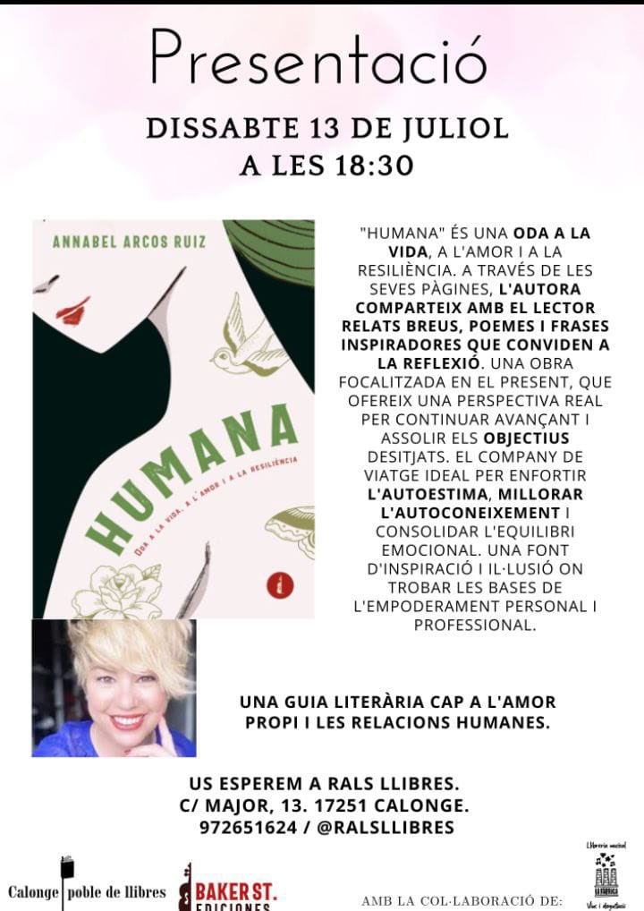 annabelarcos's tweet photo. Demà, presentació d’Humana📖 i tastet de productes de la terra i beguda per a tots els assistents de la mà de La Fàbrica de Calonge.

📍RALS LLIBRES
🕕18:30H
C/ Major 13, Calonge (Girona)
@ralsllibres https://t.co/VLwdlr03TV