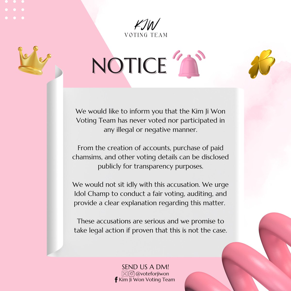 𝐊𝐢𝐦 𝐉𝐢 𝐖𝐨𝐧 김지원 𝐕𝐨𝐭𝐢𝐧𝐠 𝐓𝐞𝐚𝐦 𝐎𝐟𝐟𝐢𝐜𝐢𝐚𝐥 𝐀𝐧𝐧𝐨𝐮𝐧𝐜𝐞𝐦𝐞𝐧𝐭 𝐫𝐞𝐠𝐚𝐫𝐝𝐢𝐧𝐠 𝐕𝐨𝐭𝐢𝐧𝐠 𝐈𝐫𝐫𝐞𝐠𝐮𝐥𝐚𝐫𝐢𝐭𝐢𝐞𝐬

We would like to inform you that the Kim Ji Won 김지원 Voting Team has never voted nor participated in any illegal or negative