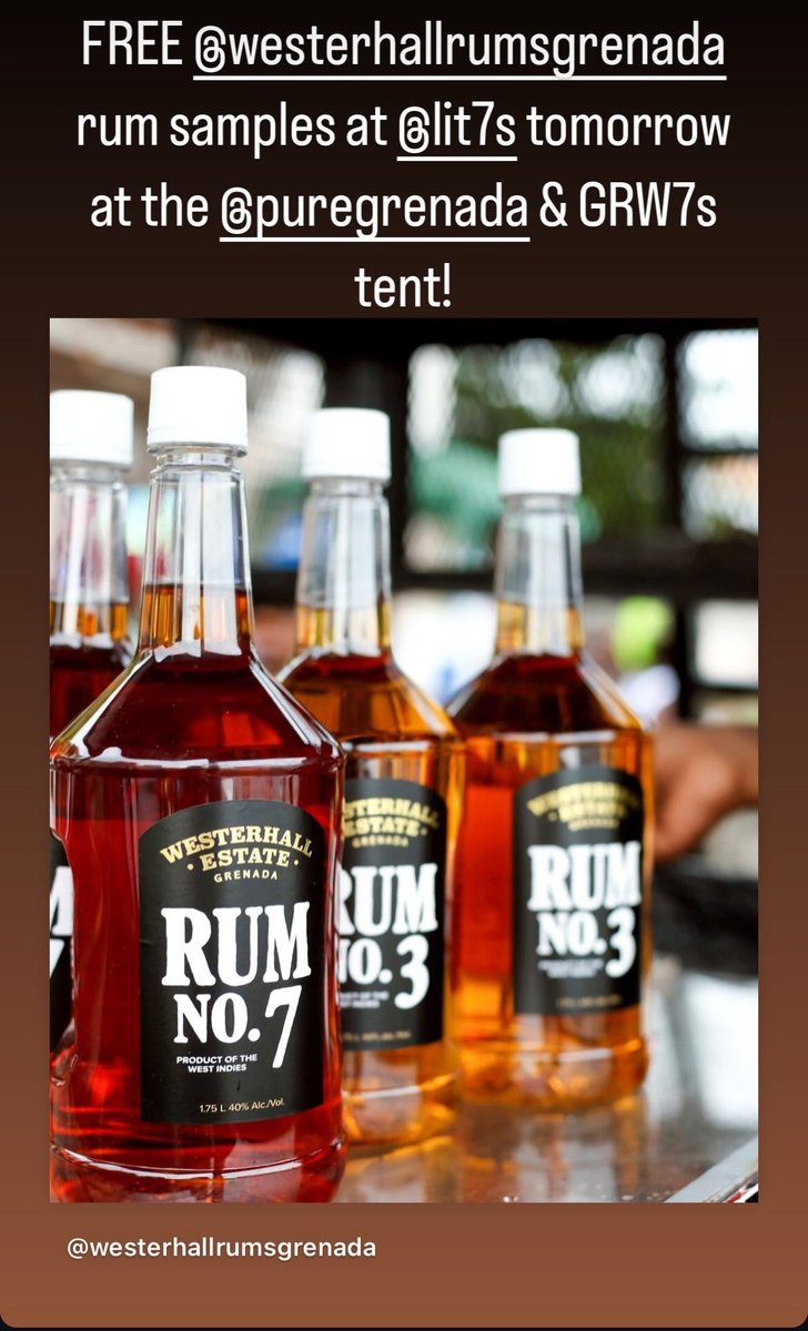 FREE rum samples of the Official Rum of GRW7s <a href="/WesterhallRums/">Westerhall Rums GND</a> supplied by <a href="/WesterhallRumUK/">Westerhall Rum</a>  at the <a href="/lit7s/">LIT7s</a> tomorrow! 

<a href="/puregrenada/">Pure Grenada</a>