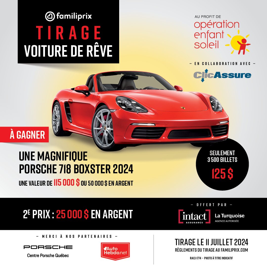 🚨Tirage- Billet acheté chez nous avec le lien ClicAssure 🚨
Félicitations à M. Dany Fillion, de Jonquière, (billet #2354) heureux gagnant du grand prix du tirage Voiture de Rêve, il remporte une magnifique Porsche 718 Boxster 2024. 🤩🚗