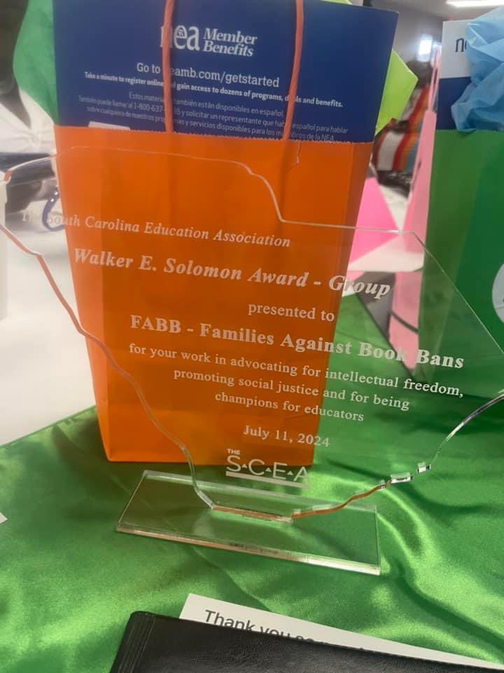 We are humbled and honored to have been recognized with the Human Civil Rights award from <a href="/TheSCEA/">The SCEA</a> last night. It is a reflection of all of the work all of you have put into the fight to defend intellectual freedom in SC. Thank you for all you do to make our mission a success!