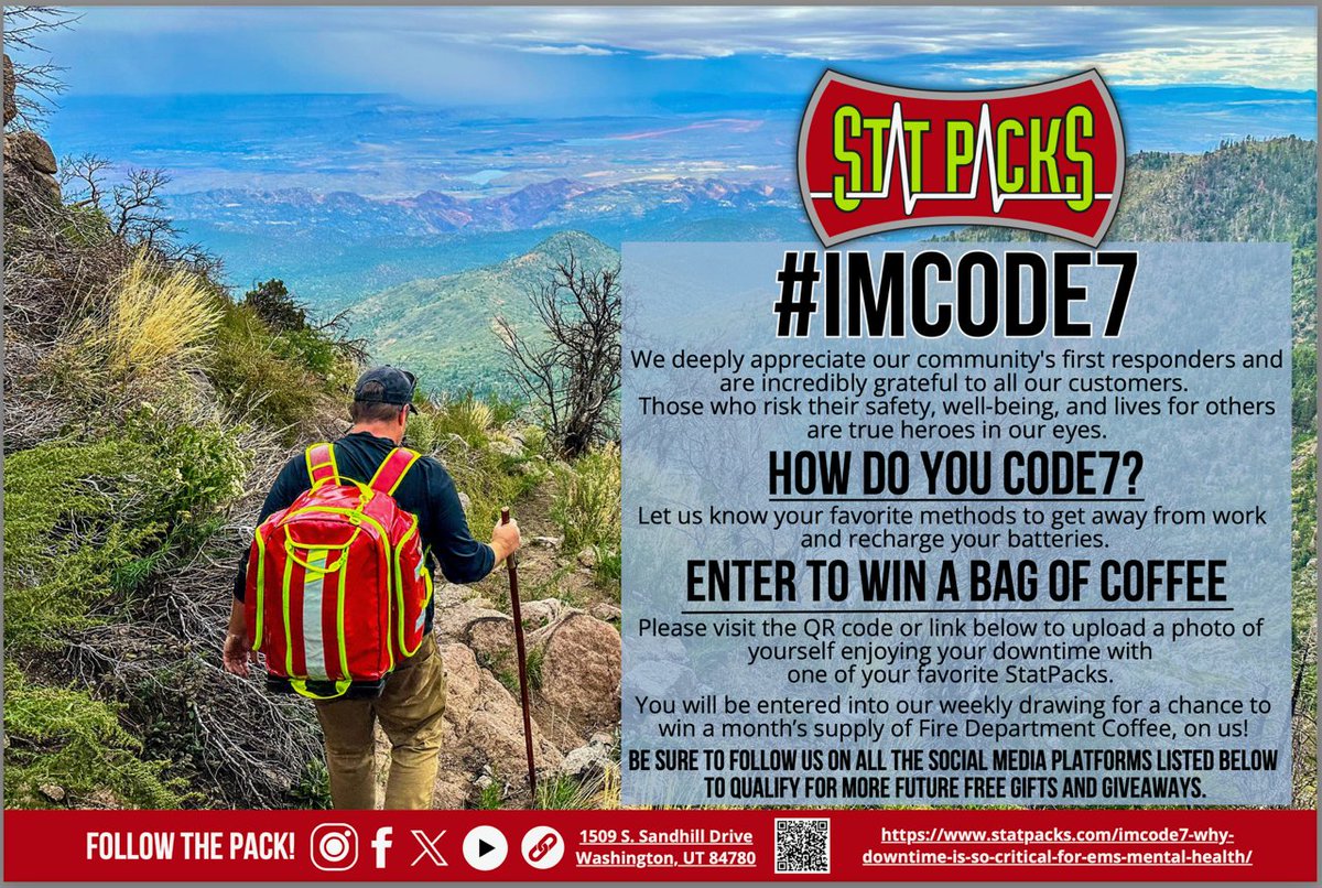 I’m Code 7

Let us know your favorite methods to get away from work and recharge your batteries. 

Use the QR code or

statpacks.com/imcode7-why-do…

#firstresponders #mentalhealth #imcode7