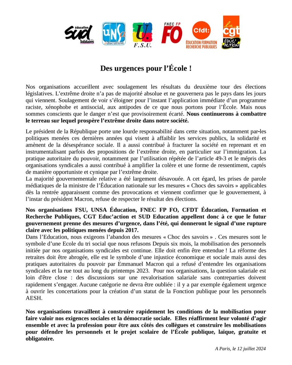 Communiqué de l'intersyndicale Éducation : quel que soit le futur gouvernement, il y a des urgences pour l’École sur lesquelles nous ne transigerons pas!
