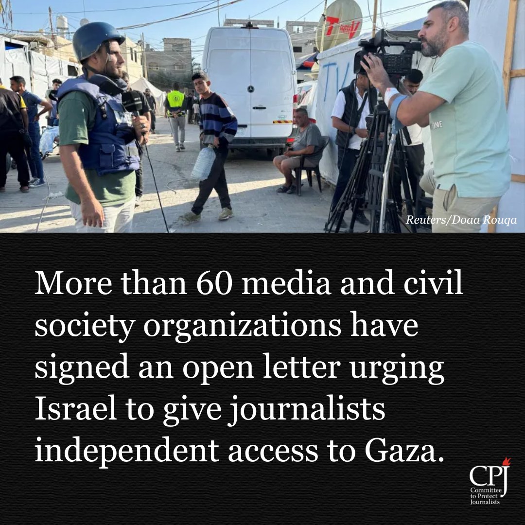 More than 60 media and civil society organizations have signed an open letter urging #Israel to give journalists independent access to #Gaza.

“President Netanyahu describes Israel as a democracy. His actions with regard to the media tell a different story. International,