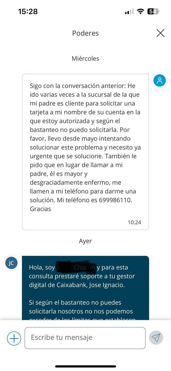 pueslin's tweet photo. Mando capturas de pantalla de la conversación mantenida con el gestor de mi padre en @caixabank , envié los poderes que me otorgaron mis padres en 2022 para actuar en su nombre para todo excepto vender sus propiedades, CaixaBank los bastanteo mal. Sigo en el hilo https://t.co/LXRRNP1FPB