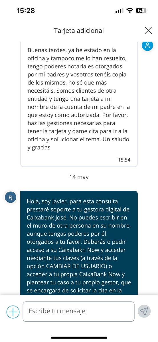 pueslin's tweet photo. Mando capturas de pantalla de la conversación mantenida con el gestor de mi padre en @caixabank , envié los poderes que me otorgaron mis padres en 2022 para actuar en su nombre para todo excepto vender sus propiedades, CaixaBank los bastanteo mal. Sigo en el hilo https://t.co/LXRRNP1FPB