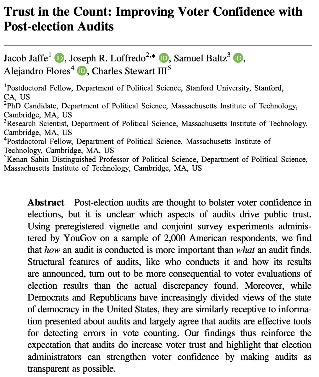 Joe Loffredo (@joeyloffredo) on Twitter photo 🚨New paper🚨
Excited to share my first publication (with Jacob Jaffe, Samuel Baltz, Alex Flores, <a href="/cstewartiii/">Charles Stewart III</a>) in POQ’s upcoming issue on public trust in elections! We find that how post-election audits are conducted is more important for voter confidence than what audits find. 🚨New paper🚨
Excited to share my first publication (with Jacob Jaffe, Samuel Baltz, Alex Flores, <a href="/cstewartiii/">Charles Stewart III</a>) in POQ’s upcoming issue on public trust in elections! We find that how post-election audits are conducted is more important for voter confidence than what audits find.