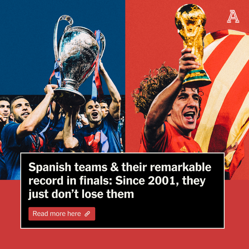TheAthleticFC's tweet photo. Since 2001, Spanish men's sides — clubs &amp; national team — have appeared in 22 major finals against teams from other countries. 

They have won all of them.

@NickMiller79 &amp; @GuillermoRai_  explain a remarkable winning run that's on the line against England in the #Euro2024 final.