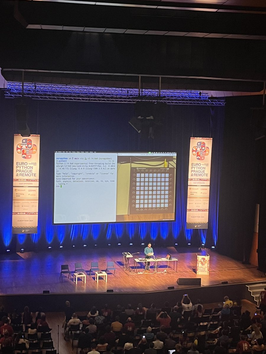 maidotgimenez's tweet image. Just the setup for @llanga’s keynote is so cool 🖤🖤🖤 #Europython2024