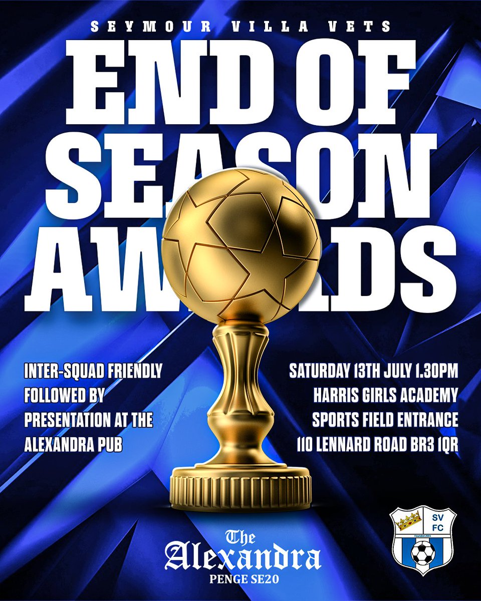 SVFCVets's tweet photo. End of season inter-club friendly and awards.

Tomorrow 1.30pm - Be good to see everyone there at the new venue.

Presentation to be held at our sponsor The Alexandra Pub - SE20. https://t.co/qdzr7ElnKh