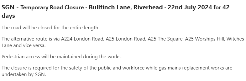 KentHighways's tweet photo. Riverhead, Bullfinch Lane. Road closed from 22nd July for 42 days for @SGNgas works: https://t.co/pUVw4DMSHw https://t.co/6XTc0l34C1