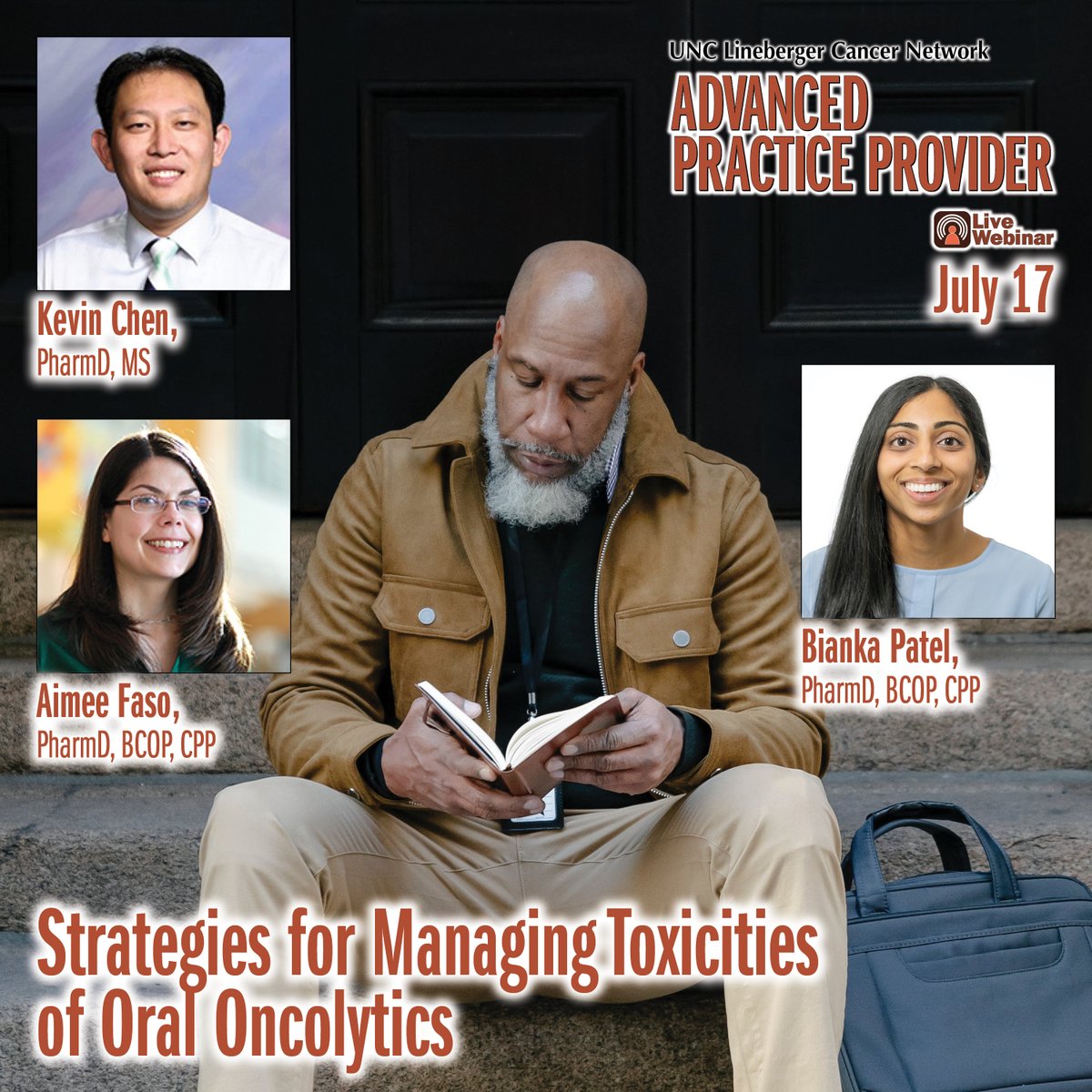 Join Kevin Chen, PharmD, MS, Aimee Faso, PharmD, BCOP, CPP, and Bianka Patel, PharmD, BCOP, CPP, for "Strategies for Managing Toxicities of Oral Oncolytics" on 7/17 from 4 - 5PM as part of UNCLCN's APP series.

UNCLCN offers FREE CE credit. Register at learn.unclcn.org/07172024.