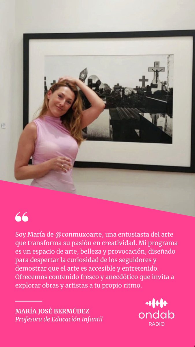 ¡Te presentamos a María!

Ella la apasionada y talentosa locutora detrás de ""Con Muxo Arte"" en ONDAB Radio. Con su energía y amor por el arte en todas sus formas, te lleva en un viaje lleno de belleza y creatividad. En su programa encontrarás anécdotas y curiosidades sobre el