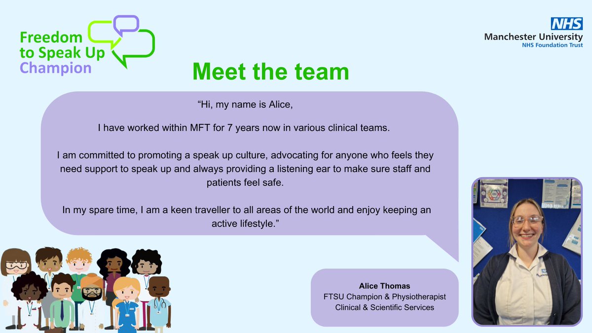 Today on #FTSUFriday we're featuring Alice, a physiotherapist here at <a href="/MFTnhs/">MFT NHS</a>.
Are you MFT staff who wants to help colleagues across MFT speak up?  Then join us! Search 'FTSU' on the intranet or People Place for more information!