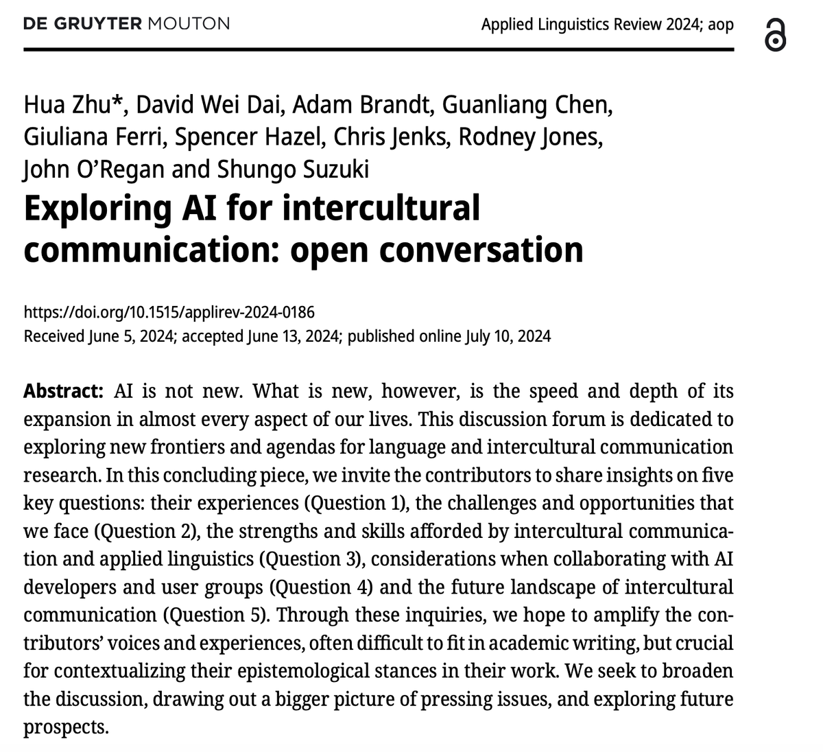 David Wei Dai (@drdavidweidai) on Twitter photo Pleased to share our new Open Access publication🔓on the future of AI for Intercultural Communication in Applied Linguistics Review (Q1). Free access link: doi.org/10.1515/applir…
<a href="/profzhuhua/">Zhu Hua</a> <a href="/AngusGLChen/">Guanliang Chen</a> <a href="/shungosuzuki/">Shungo Suzuki</a> <a href="/drjohnoregan/">Prof. John O'Regan</a> <a href="/GiulianaFerri4/">Giuliana Ferri 🍉</a> <a href="/IcisIOE/">International Centre for Intercultural Studies</a> <a href="/UCLAppliedLing/">UCL Applied Ling.</a> Pleased to share our new Open Access publication🔓on the future of AI for Intercultural Communication in Applied Linguistics Review (Q1). Free access link: doi.org/10.1515/applir…
<a href="/profzhuhua/">Zhu Hua</a> <a href="/AngusGLChen/">Guanliang Chen</a> <a href="/shungosuzuki/">Shungo Suzuki</a> <a href="/drjohnoregan/">Prof. John O'Regan</a> <a href="/GiulianaFerri4/">Giuliana Ferri 🍉</a> <a href="/IcisIOE/">International Centre for Intercultural Studies</a> <a href="/UCLAppliedLing/">UCL Applied Ling.</a>