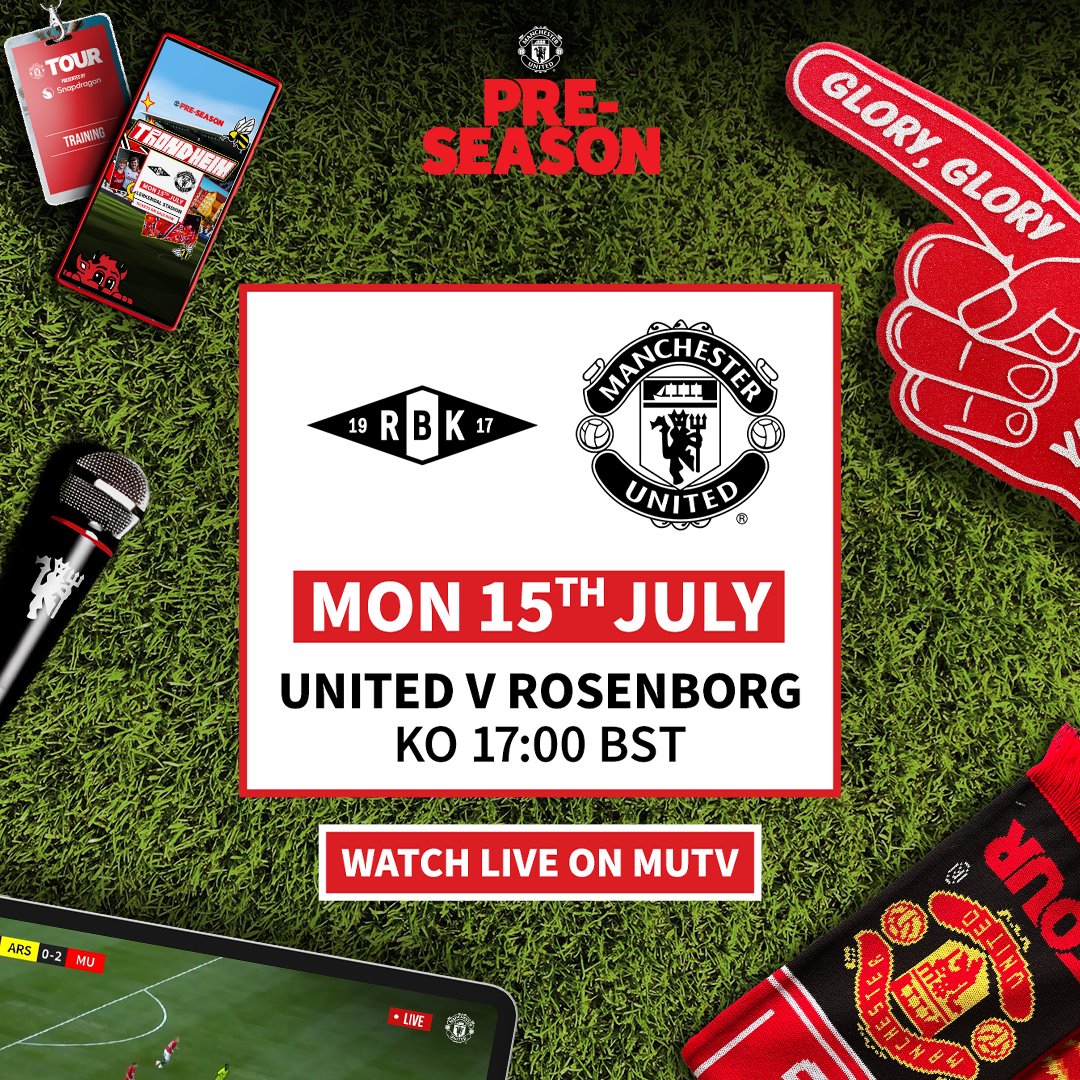 ManUtd's tweet photo. Coming soon on #MUTV: our first pre-season test 👊🇳🇴

Tune in from 16:00 BST on Monday for live build-up ⤵️

#MUFC
