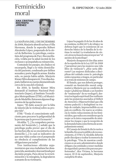 Ana Cristina Restrepo Jiménez (@anacrisrestrepo) on Twitter photo #EEOpinion 3 instituciones oficiales argumentaron que una ciudadana fue desaparecida, asesinada y descuartizada por decisión propia. Para elevar la revictimización y la misoginia, la degradaron a amante de su victimario 1/3
Feminicidio moral <a href="/elespectador/">El Espectador</a>
elespectador.com/opinion/column… #EEOpinion 3 instituciones oficiales argumentaron que una ciudadana fue desaparecida, asesinada y descuartizada por decisión propia. Para elevar la revictimización y la misoginia, la degradaron a amante de su victimario 1/3
Feminicidio moral <a href="/elespectador/">El Espectador</a>
elespectador.com/opinion/column…