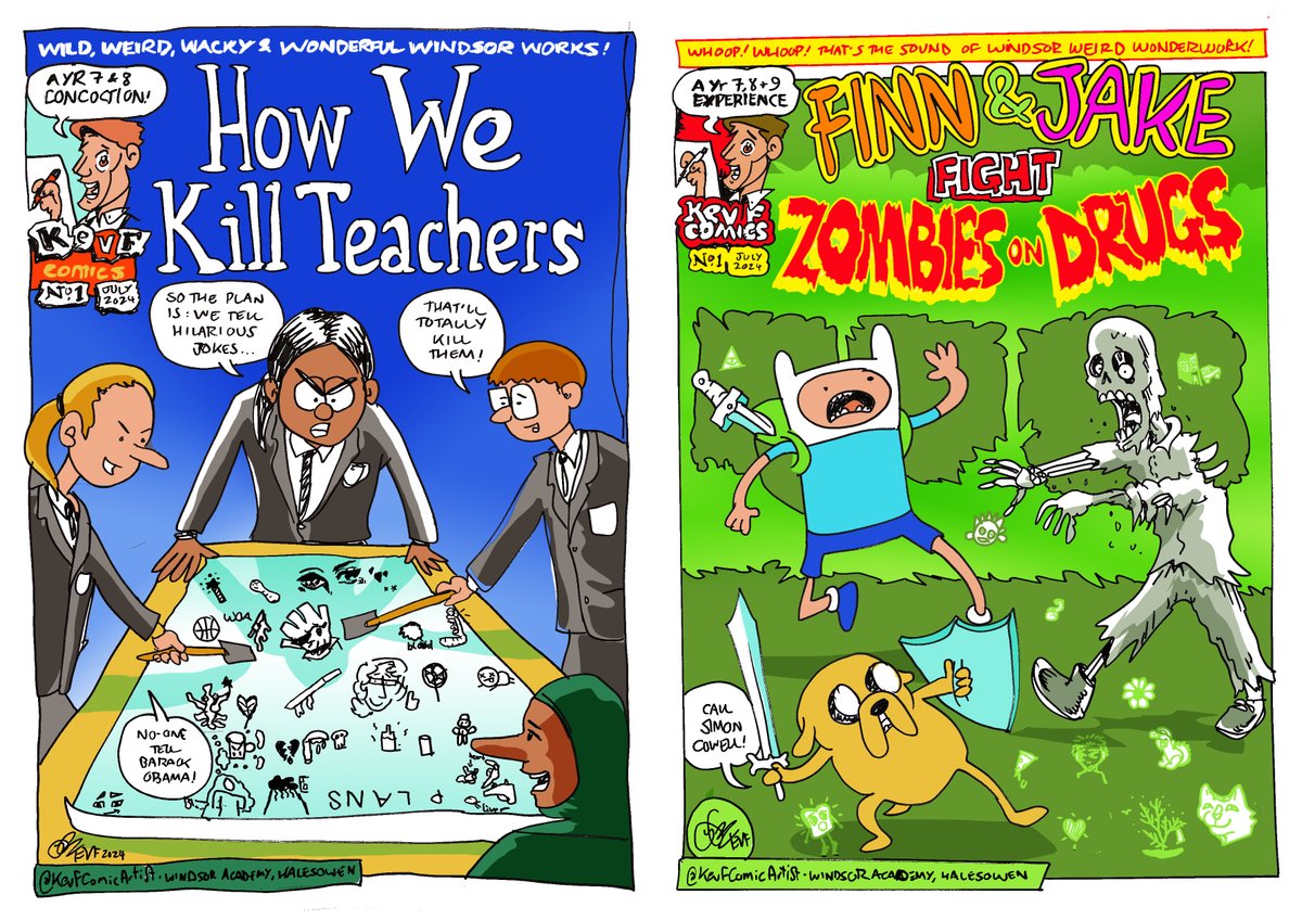 KevFComicArtist's tweet photo. How We Kill Teachers + Finn &amp; Jake Fight Zombies - Wednesday's comics made with kids at @windsoracad   Halesowen, in my #ComicArtMasterclass

If you're near Frome, there are spaces left in the afternoon session for my classes at @fromelitfest  tomorrow https://t.co/EvD4FHoTW4 https://t.co/AvLqW6mVZO