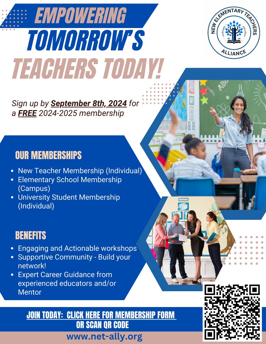 NewElemTeachers's tweet photo. Are you a new elementary teacher looking for support, mentorship, and professional development opportunities. NET Alliance is here to help you thrive in your teaching career! Join us today! Sign up by September 8th, 2024 for a free 2024-2025 https://t.co/zUBlp4LFW6 https://t.co/h6gQzbBhWj