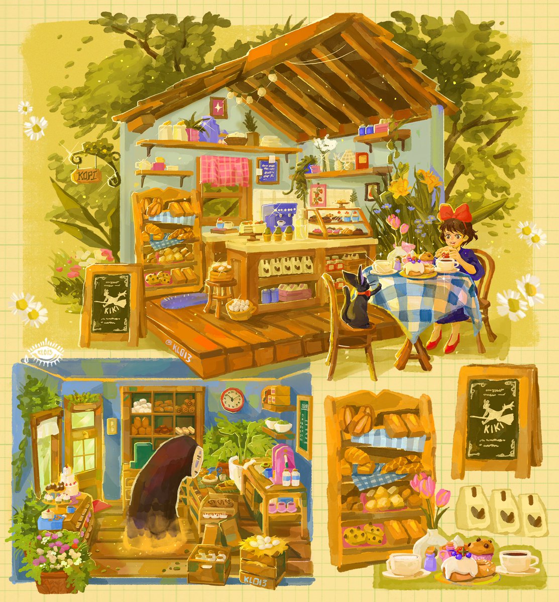 kl0i3's tweet photo. Soft + cozy ghibli art ! 🌱🍃🥐🍞☕️ (Commission) https://t.co/2MhKCBGVDr