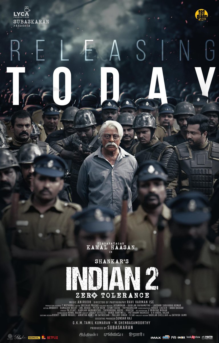 KollywoodInbox's tweet photo. The wait is over! 🫵🏻 #Indian2 🇮🇳 ignites the screens from today. 🤩 Brace yourselves for the comeback of Senapathy and join the revolution! 🔥🤞 

@IndianTheMovie 🇮🇳 Ulaganayagan @ikamalhaasan @shankarshanmugh @anirudhofficial @LycaProductions #Subaskaran @RedGiantMovies_ https://t.co/KJRsaiCjyo