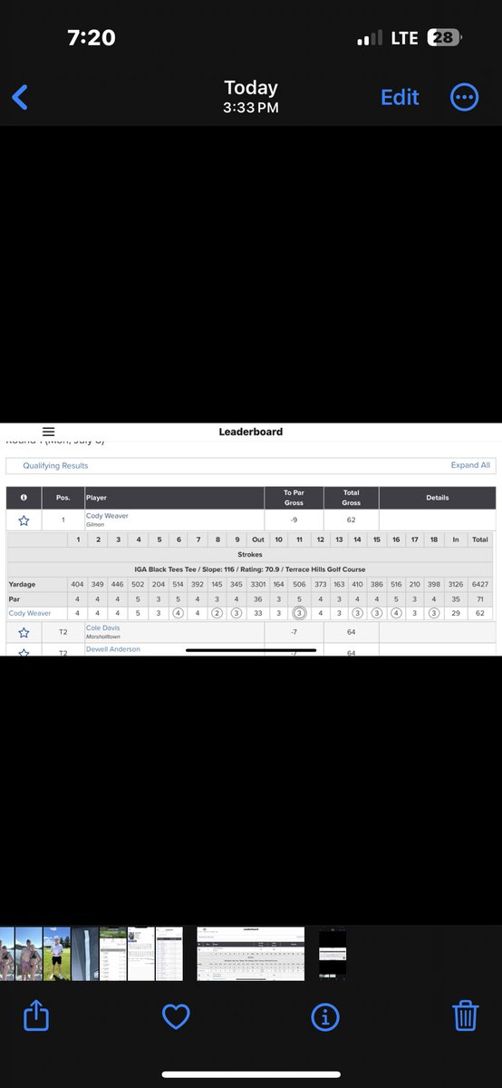 July 8th, I played in my Iowa Am Qualifier. I shot an awesome round of -9 62 at Terrace Hills. I won my qualifier by 2 shots and moved on to the Iowa Am July 28-30. I hit 17 greens and 29 putts. Thanks to my dad for being on the bag.
