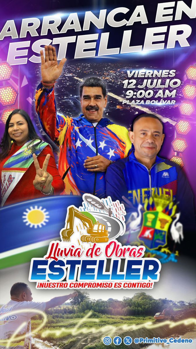 SSCPORTUGUESA1's tweet photo. 8_*INVITACIÓN*_ 📌
_Hoy Viernes 12 de Julio arranca el programa Lluvia de Obras para #Esteller un impulso significativo para el desarrollo, la infraestructura y el bienestar de nuestro pueblo. Activando nuestros poderosos planes de gobierno diseñados para atender las necesidade https://t.co/35JWpWGOxw