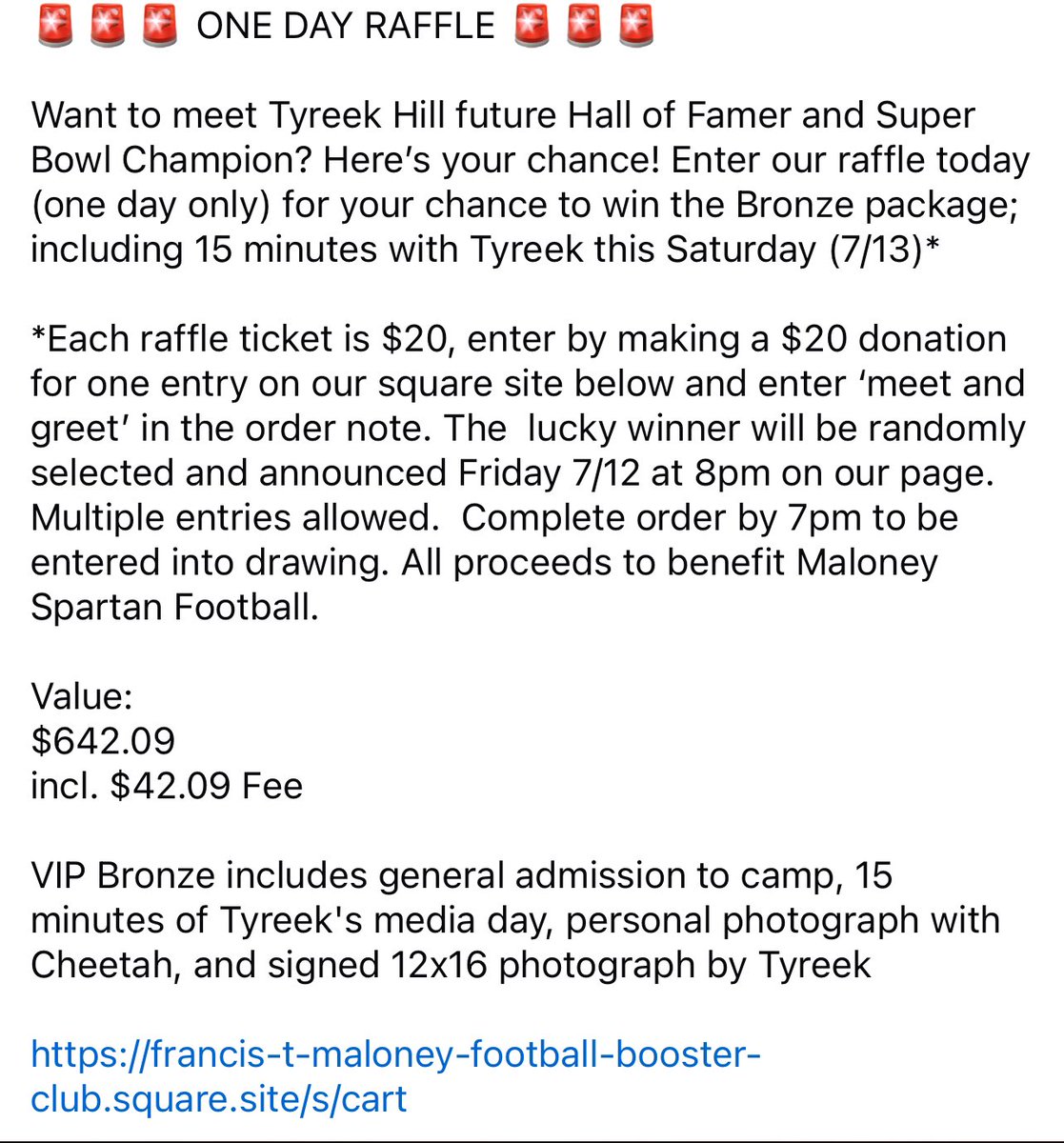 MEET &amp; GREET w/TYREEK  HILL!!!

…ney-football-booster-club.square.site/s/cart

<a href="/MHS_SpartanFB/">Maloney Spartan FB</a> <a href="/cheetah/">Ty Hill</a> <a href="/MaloneySpartans/">Maloney Athletics AD</a> <a href="/espn/">ESPN</a> @GameTimeCT <a href="/ciacsports/">CIAC Sports</a> <a href="/MeridenK12/">Meriden K12</a> <a href="/CityofMeriden/">City of Meriden</a> #cthsfb #mecca