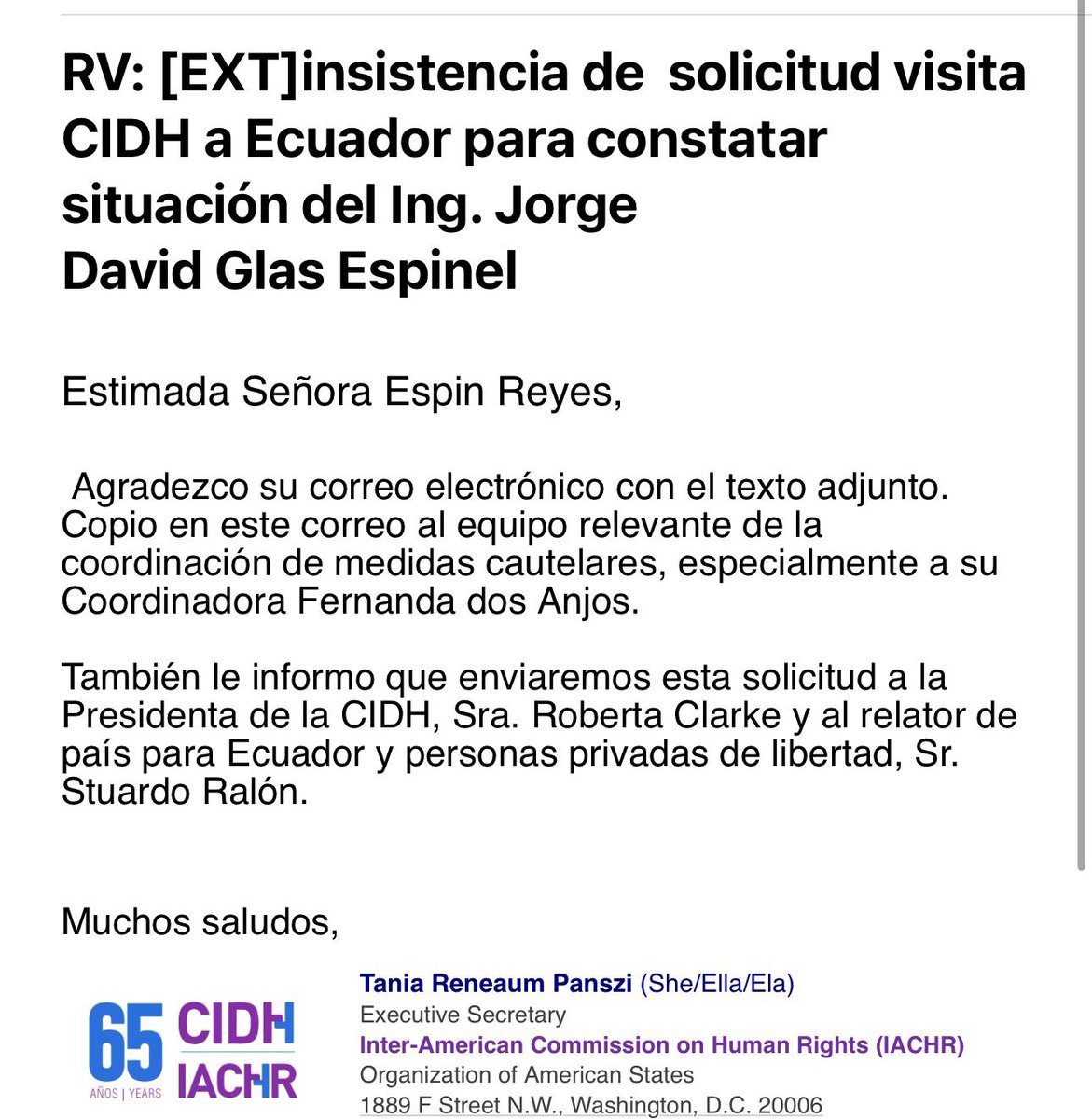 SofiaEspinRC's tweet photo. #URGENTE CIDH RESPONDE SOLICITUD DE REVOLUCIÓN CIUDADANA SOBRE JORGE GLAS
🚨🚨🚨🚨
La Comisión Interamericana de Derechos Humanos @CIDH responde nuestra solicitud sobre conformar una Comisión Especial para el examen e investigación de las graves violaciones que ocurren en #Ecuador a las personas privadas de libertad y para la verificación de la situación del ex vicepresidente Jorge Glas. 
🙋🏽🙋🏼‍♀️Los 48 Asambleístas de la @RC5Oficial hemos solicitado esta Comisión y visita in loco. Esperamos que los Comisionados visiten el país lo más pronto posible.
#LibertadParaJorgeGlas