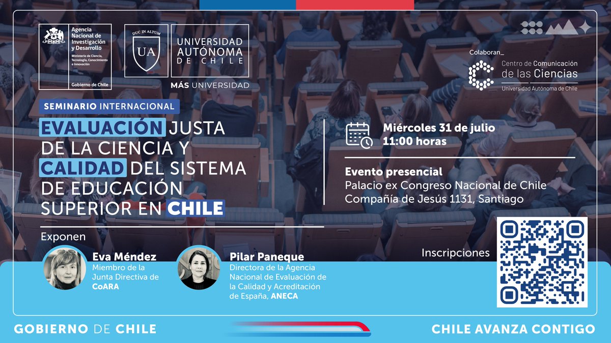 ANID, junto a <a href="/uautonomachile/">UA</a> te invitan a participar de este espacio de reflexión sobre la evaluación justa de la ciencia y su relación con la calidad del sistema de educación superior. ¡No te lo puedes perder! 

📄Inscríbete aquí: docs.google.com/forms/d/e/1FAI…