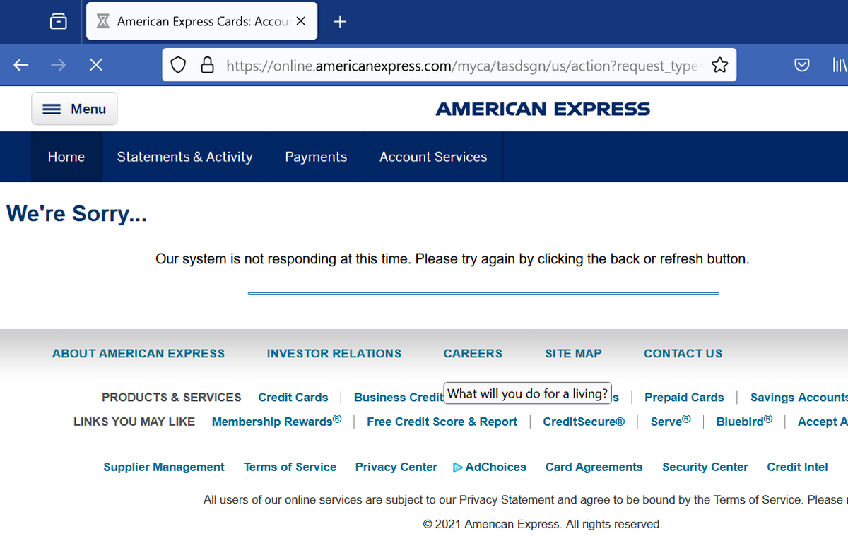 mena_le's tweet photo. @AmericanExpress Been trying to make a payment for 4 days and continually get this.  It's not a browser problem, any update on when it's going to be fixed? https://t.co/dJT5gV0VMz