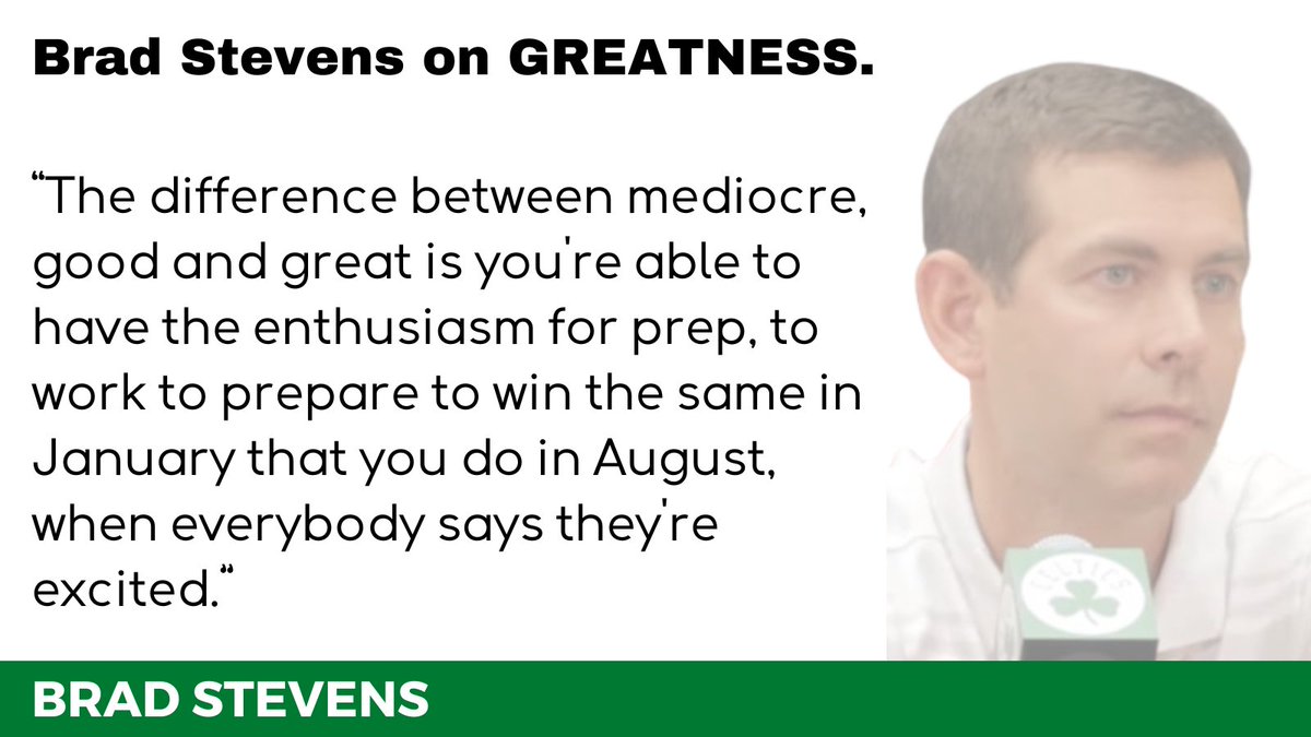 GregBerge's tweet photo. Brad Stevens is a coaching and GM mastermind.

He just helped lead the Boston Celtics to win their 18th banner.

What makes him so good?

Here are 5 reasons why…

1: ACCEPT Your Role

“I told our players at Butler, 'I hate to break it to you, but you aren't playing beyond here. That's reality. So why are you so concerned with yourself?' It's a hard lesson, but I told them, 'How you handle your role on this team will be remembered by your coaches and your teammates. It will define you.”

Brad Stevens understands how important is to clearly define roles and put players in positions to be successful. He also understands the power of we over me. He is a master of communicating this to his players.

2: ADVERSITY Shows Character

“You have a chance to show your true colors through adverse times. You can make a conscious decision to change things.”

The number one separator to success is the ability to bounce back and have resilience. As coaches and leaders, we have to prepare ourselves and our players to develop this resilience muscle..

3: Mediocrity vs. GREATNESS

“The difference between mediocre, good and great is you're able to have the enthusiasm for prep, to work to prepare to win the same in January that you do in August, when everybody says they're excited.”

The great ones find joy in the journey. They love to put in the time. They love the process. They have a growth mindset.

4: EMPOWER Your Leaders

“I've always found that in a team of 15 people, it's a little different than in a team of 40 or 50 people. If I name two or three people captains, inevitably, you're disempowering more than you're empowering.”

Excellent player leadership is critical on winning teams. On a basketball team, Brad Stevens knows how to empower his players to be leaders. This is one example of how he did it.

5: Be NEXT DAY Oriented

“I could probably go through our losses in a lot more detail than our wins, all through my career. But you have to be able to move on to what's next, and I'm very process-oriented and next-day oriented.”

This is about the process. This is about the journey. This is having a next play approach to life. We can learn and grow from every experience. Use this process to get better each and every day.

——

If you like this post, I think you will love my free weekly newsletter.

Join 12,000+ others who read Great Teams Better Leaders every week.

The link is in my profile.

Excellent player leadership is critical on winning teams. On a basketball team, Brad Stevens knows how to empower his players to be leaders. This is one example of how he did it.

,

“I could probably go through our losses in a lot more detail than our wins, all through my career. But you have to be able to move on to what's next, and I'm very process-oriented and next-day oriented.”

This is about the process. This is about the journey. This is having a next play approach to life. We can learn and grow from every experience. Use this process to get better each and every day.

——

If you like this post, you will love my free weekly newsletter.

Join 12,000+ others who read Great Teams Better Leaders every week.

The link is in my profile.