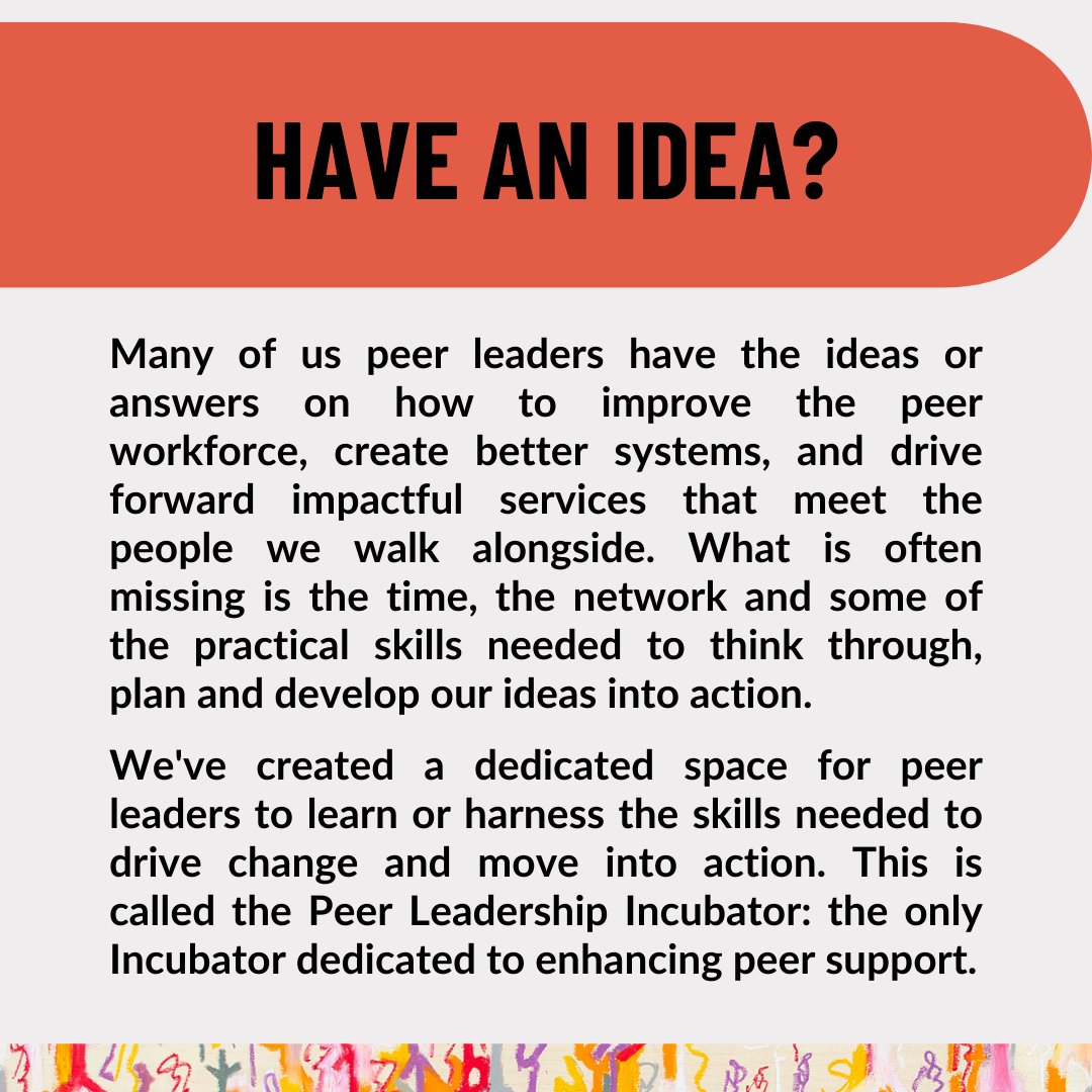 leadership_peer's tweet photo. The #PeerLeadership incubator designed just for #PeerSupporters is open for 2024! Gain the skills, tools & networks to get your idea/project moving. It's free & open to all peers / peer researchers in all sectors. Deadline: Aug 28 Register: https://t.co/aahzIbgCMt #PeerSupport https://t.co/b5t7LYYW4P