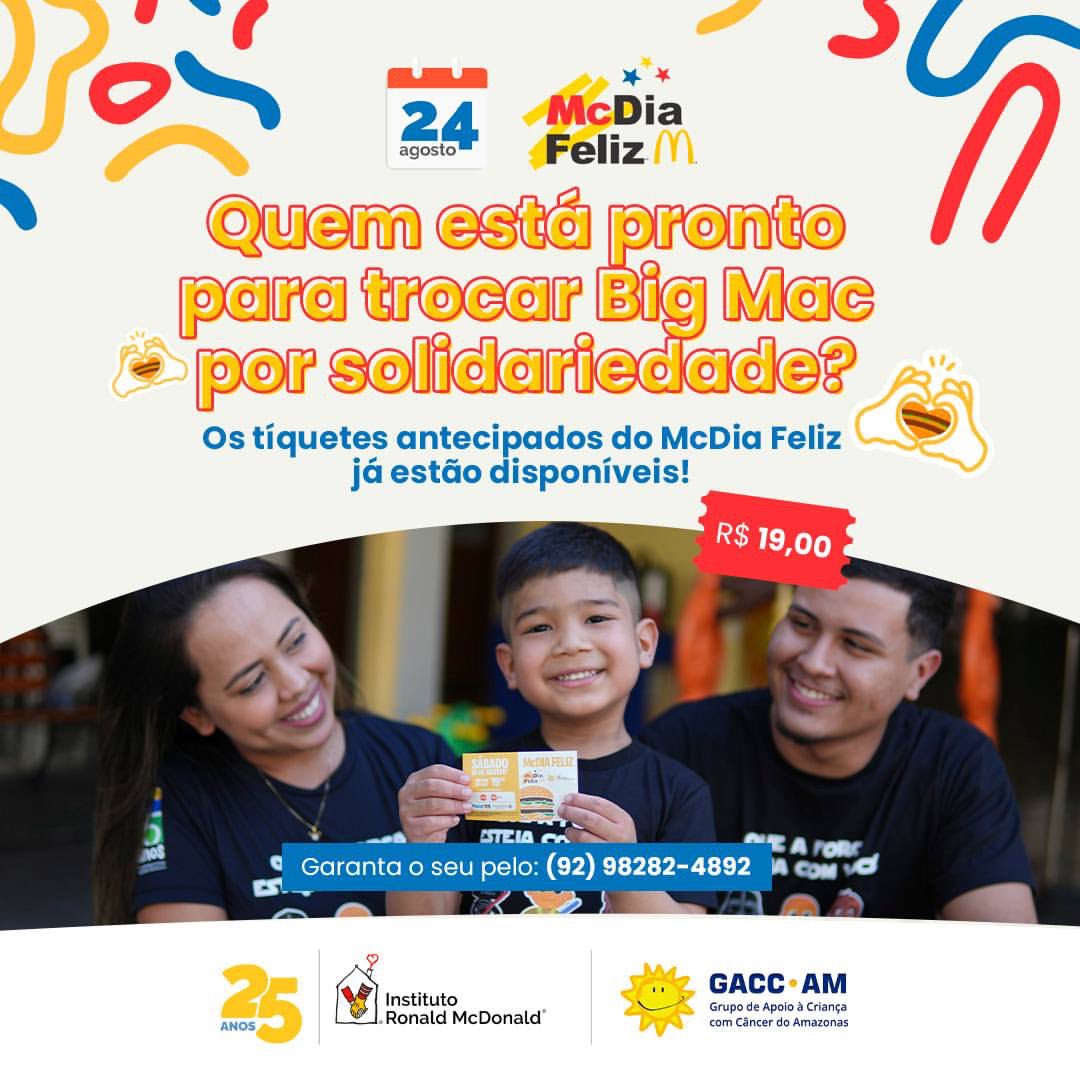 gaccamazonas's tweet photo. Você é nosso convidado especial, para trocar Big Macs por solidariedade e ajudar centenas de crianças e adolescentes na luta contra o câncer infantojuvenil.
Os tíquetes antecipados já estão disponíveis no valor de R$ 19,00, garanta o seu! https://t.co/C1Rf43Xtme