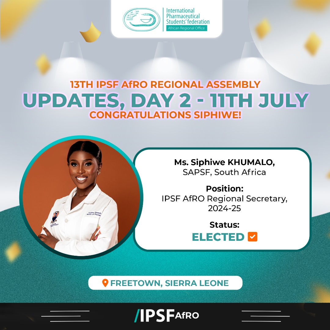IPSFAfRO's tweet photo. ๐๐๐๐๐๐๐๐๐๐๐๐๐๐๐ to Ms. Siphiwe KHUMALO, elected IPSF AfRO Regional Secretary 2024-25.
#AfROCares https://t.co/HQnjvKqbcl