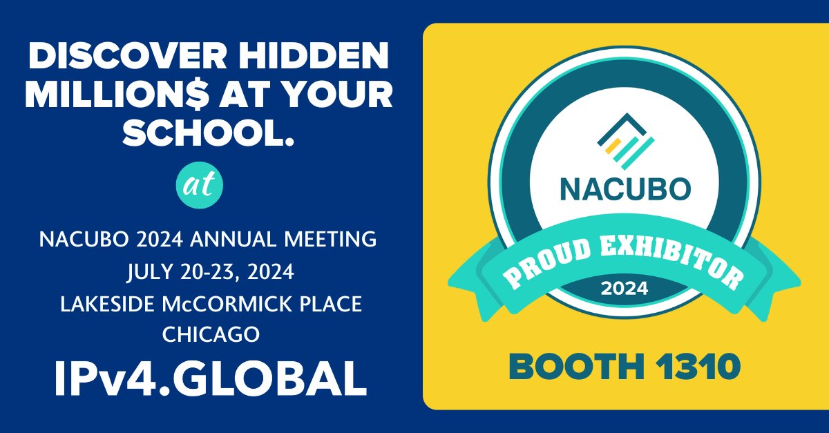 Ipv4G's tweet photo. Come to Booth 1310 at the NACUBO 2024 Annual Meeting happening July 20-23 at Lakeside Center McCormick Place, Chicago. Learn how much money your school has in unused IP addresses. #IPv4 #BuySellLeaseIPv4 https://t.co/IfnsvY8ibl