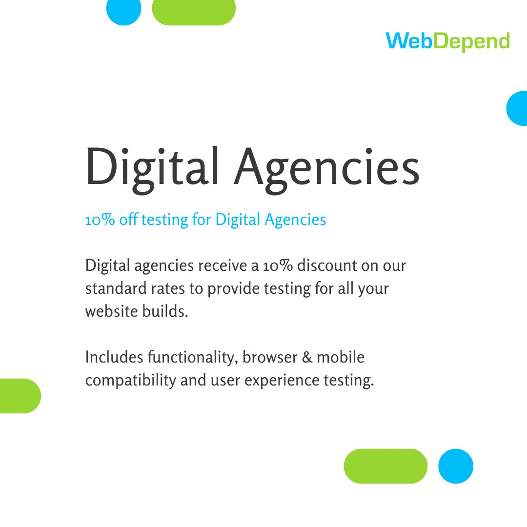 WebDependUK's tweet image. Calling all Digital Agencies - receive a 10% discount just for being you.
Digital agencies receive a 10% discount on our standard rates to provide testing for all your website builds.
Check it out - cstu.io/51bb36
#DigitalAgencies #WebsiteTesting #TestingServices