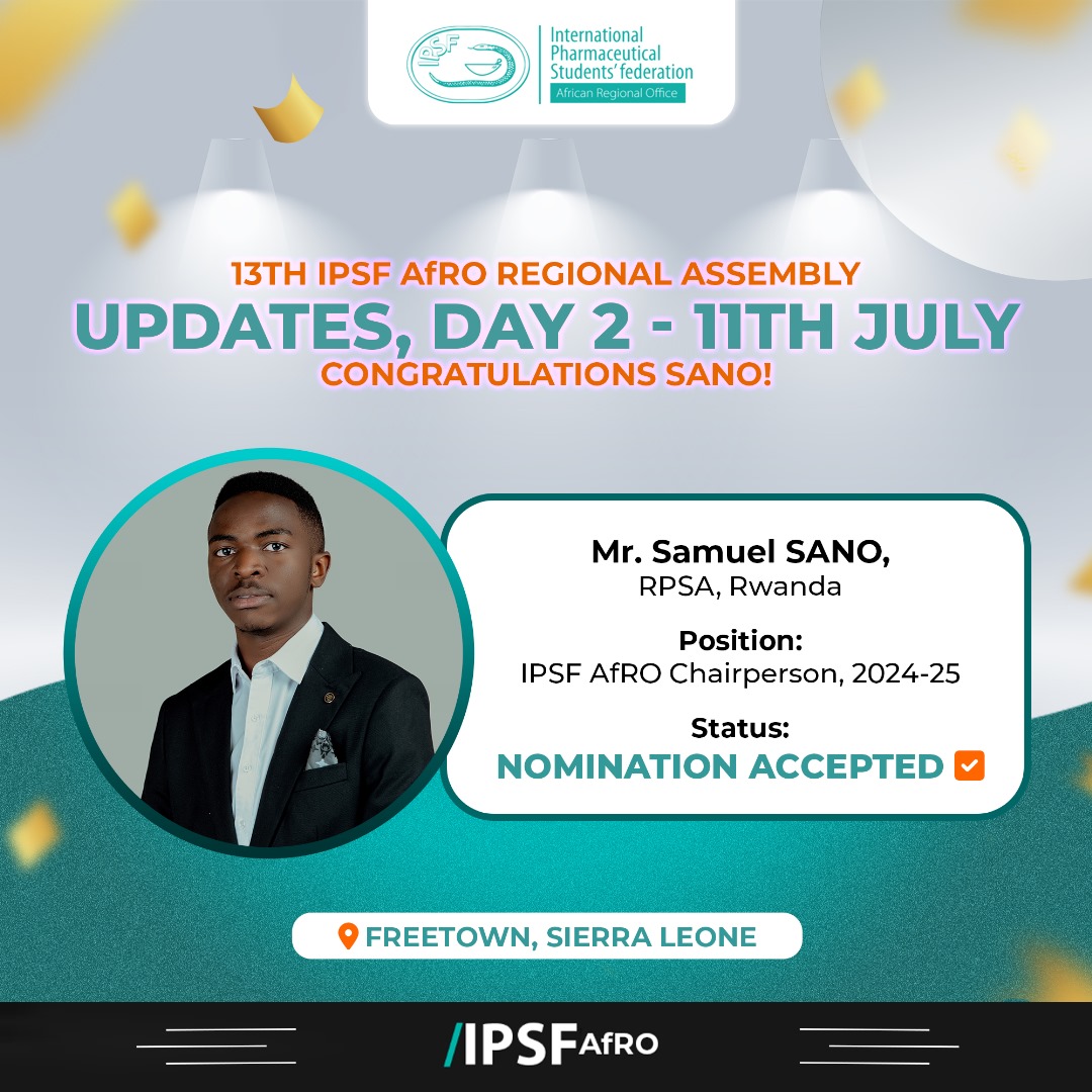 IPSFAfRO's tweet photo. 𝐂𝐎𝐍𝐆𝐑𝐀𝐓𝐔𝐋𝐀𝐓𝐈𝐎𝐍𝐒 to Mr. Samuel SANO, [ @SanoSamuel ], whose Nomination has been accepted as the IPSF AfRO Chairperson 2024-25.

#AfROCares https://t.co/mjUgoU4FfU